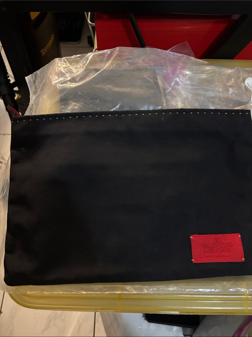Valentino Garavani Black Canvas Pouch with Red Logo Patch